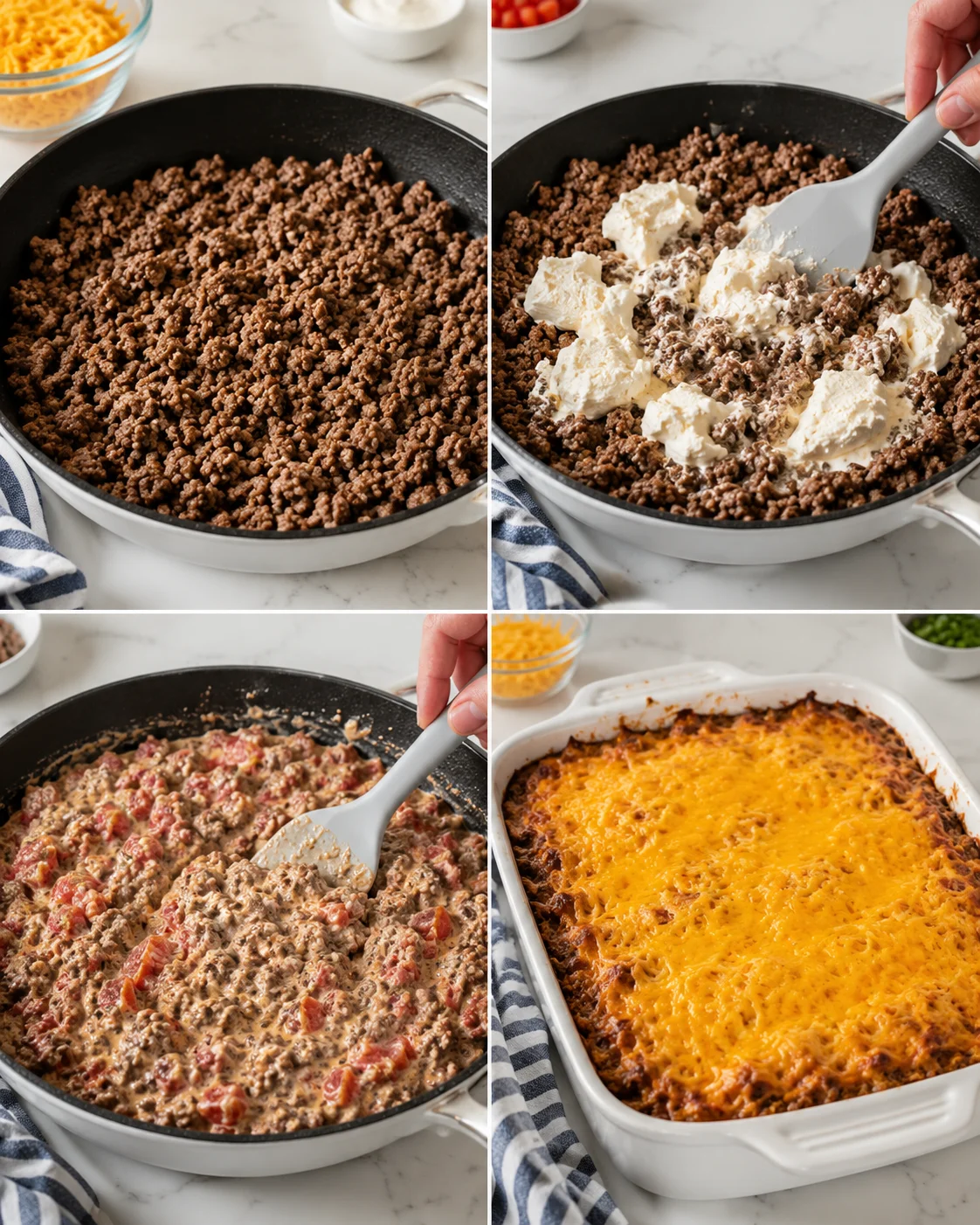 collage of four panels showing browning ground beef, cream cheese added, mixed with tomatoes, and a bubbly cheesy casserole.