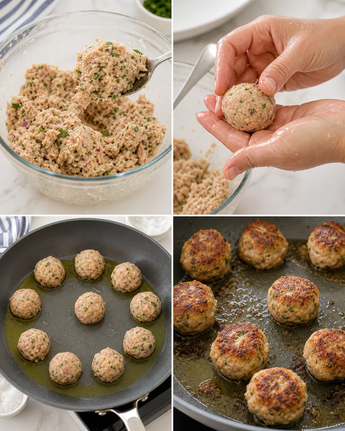 Collage showing ground-herb meat mixture, shaping meatballs, and browning in a skillet.