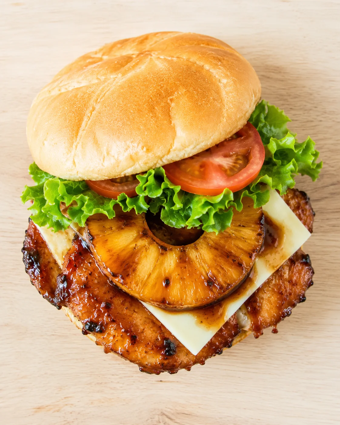Burger with pineapple ring, lettuce, tomato, melted cheese on a toasted bun and crispy patty.