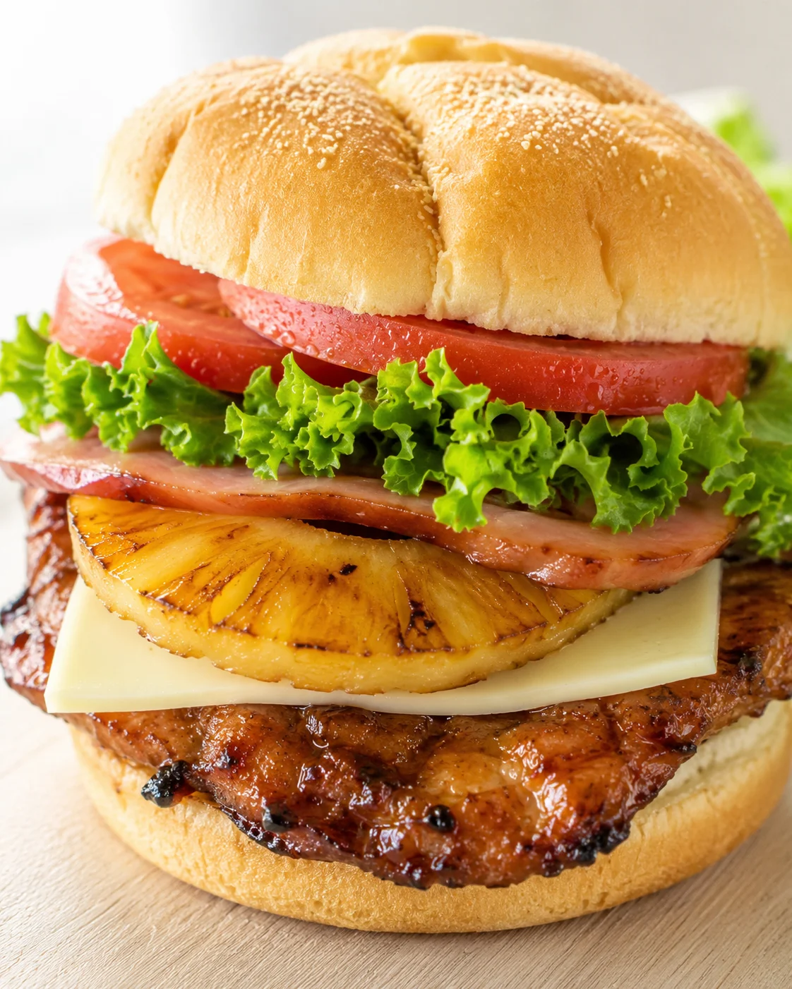 Close-up of a stacked Hawaiian-style burger with pineapple, cheese, tomato, lettuce, and sesame bun.