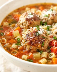 close-up of browned meatballs in tomato broth with pasta, carrots, herbs, and cheese.