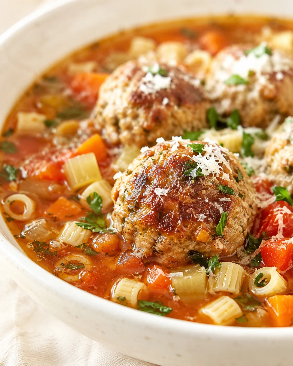 close-up of browned meatballs in tomato broth with pasta, carrots, herbs, and cheese.