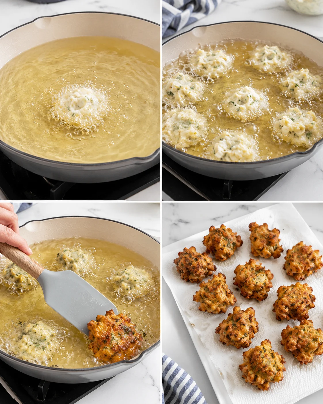 Collage showing batter in skillet, frying dumplings, flipping, and golden herb cheese fritters.
