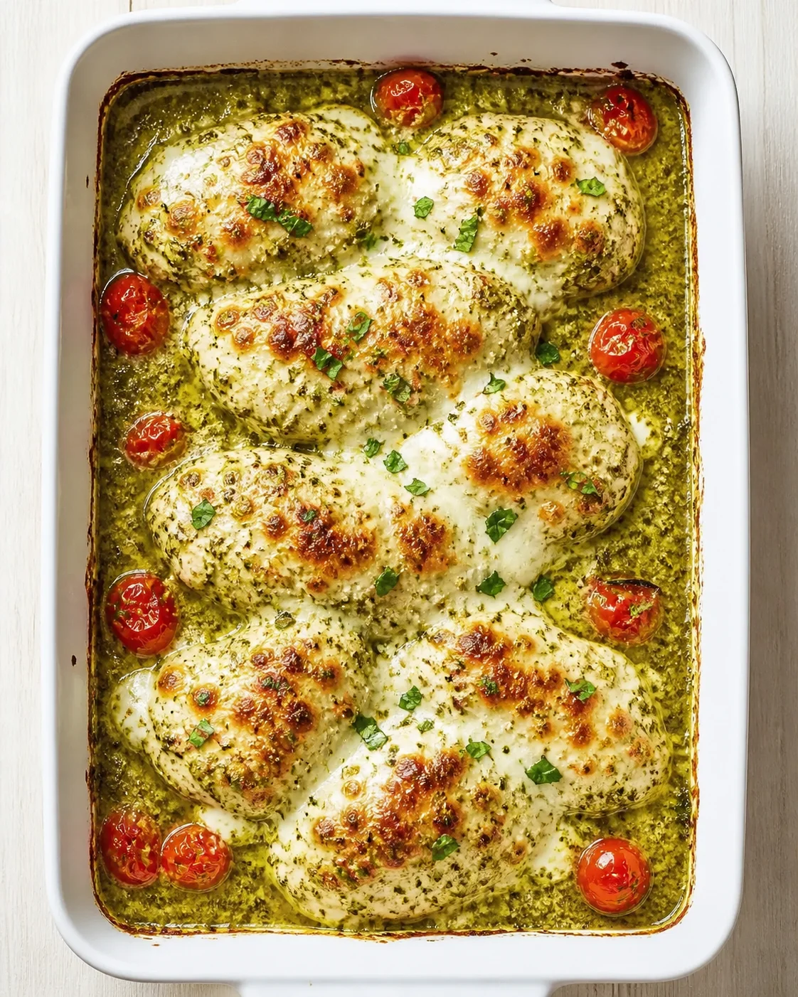 baked chicken in a white dish with cheese, herb sauce, parsley, and roasted cherry tomatoes