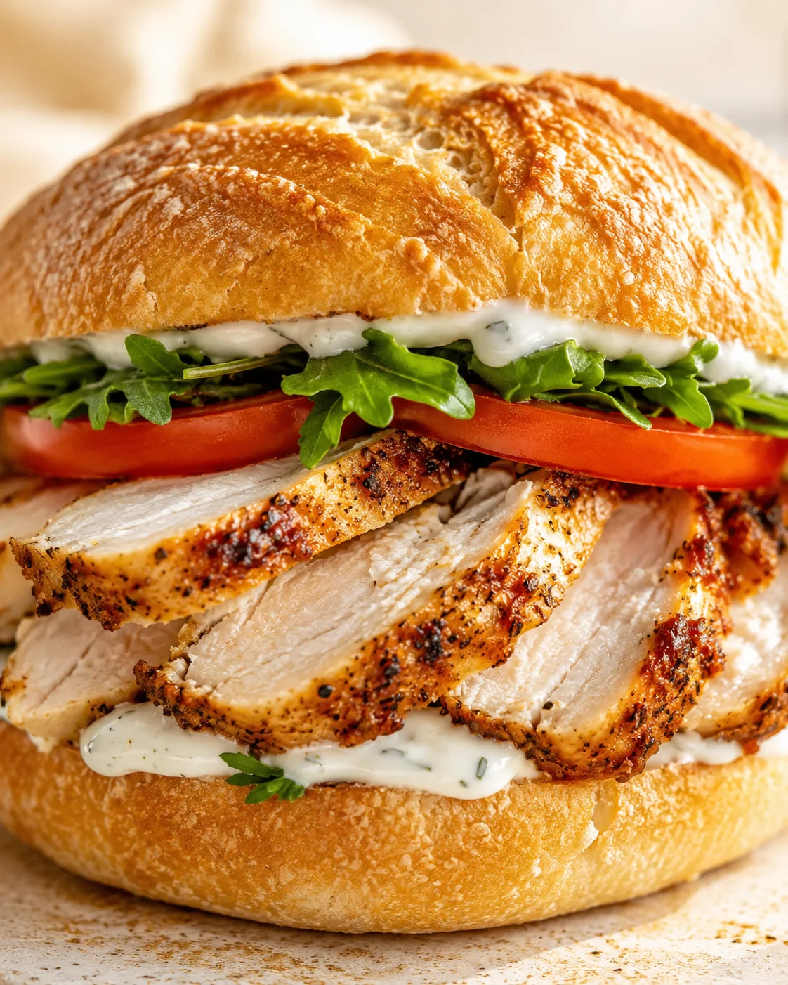 Close-up of a sandwich with grilled herb chicken, tomato, arugula, and cream sauce in a crusty bun.