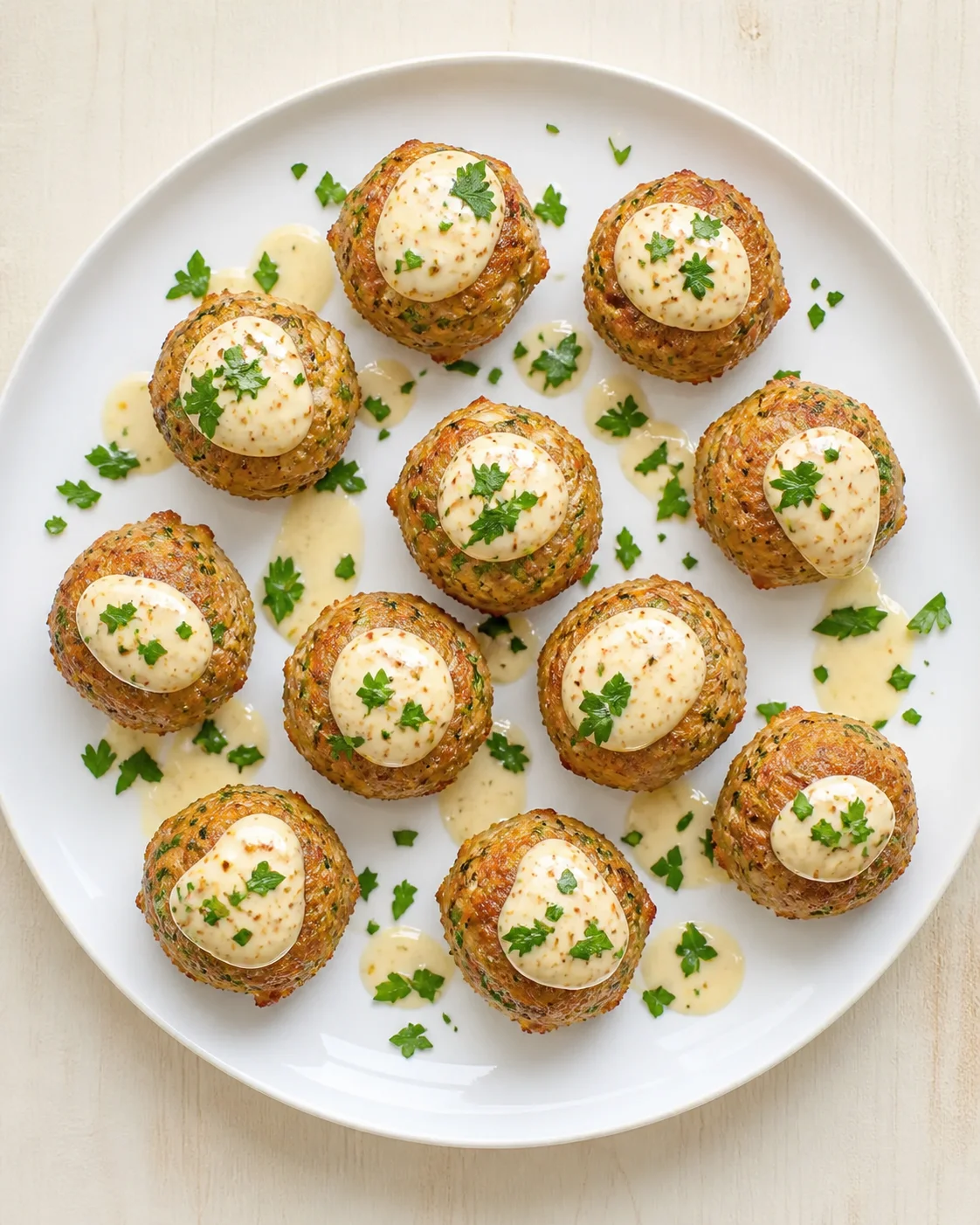 Top-down view of golden-brown herb-crusted potato balls on a white plate with dollops of creamy sauce and parsley.