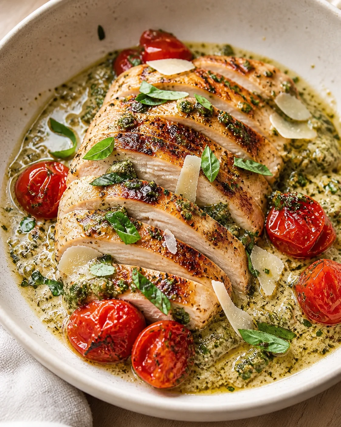 sliced roasted chicken breast with herb sauce, blistered cherry tomatoes, parmesan, and basil on a pale plate