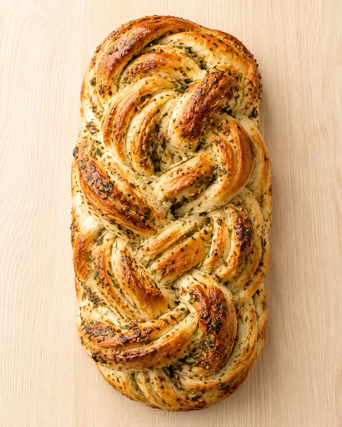 Golden-brown braided bread with herbs on a light wood background