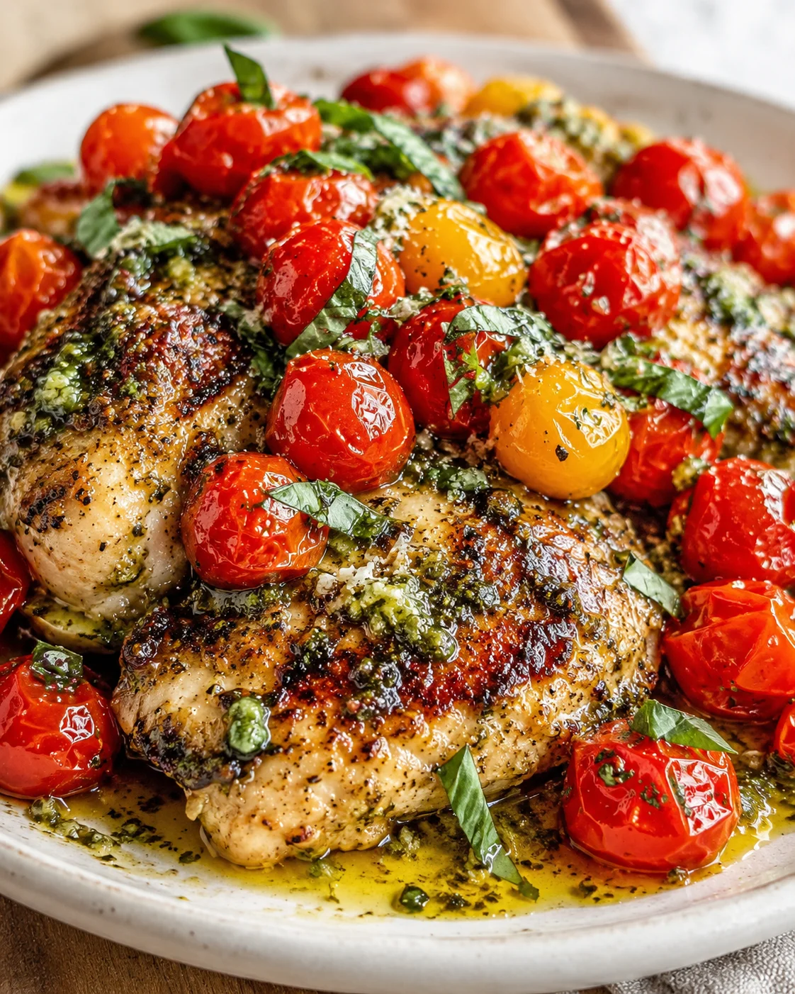 Herb-roasted chicken surrounded by blistered cherry and yellow tomatoes with torn basil.