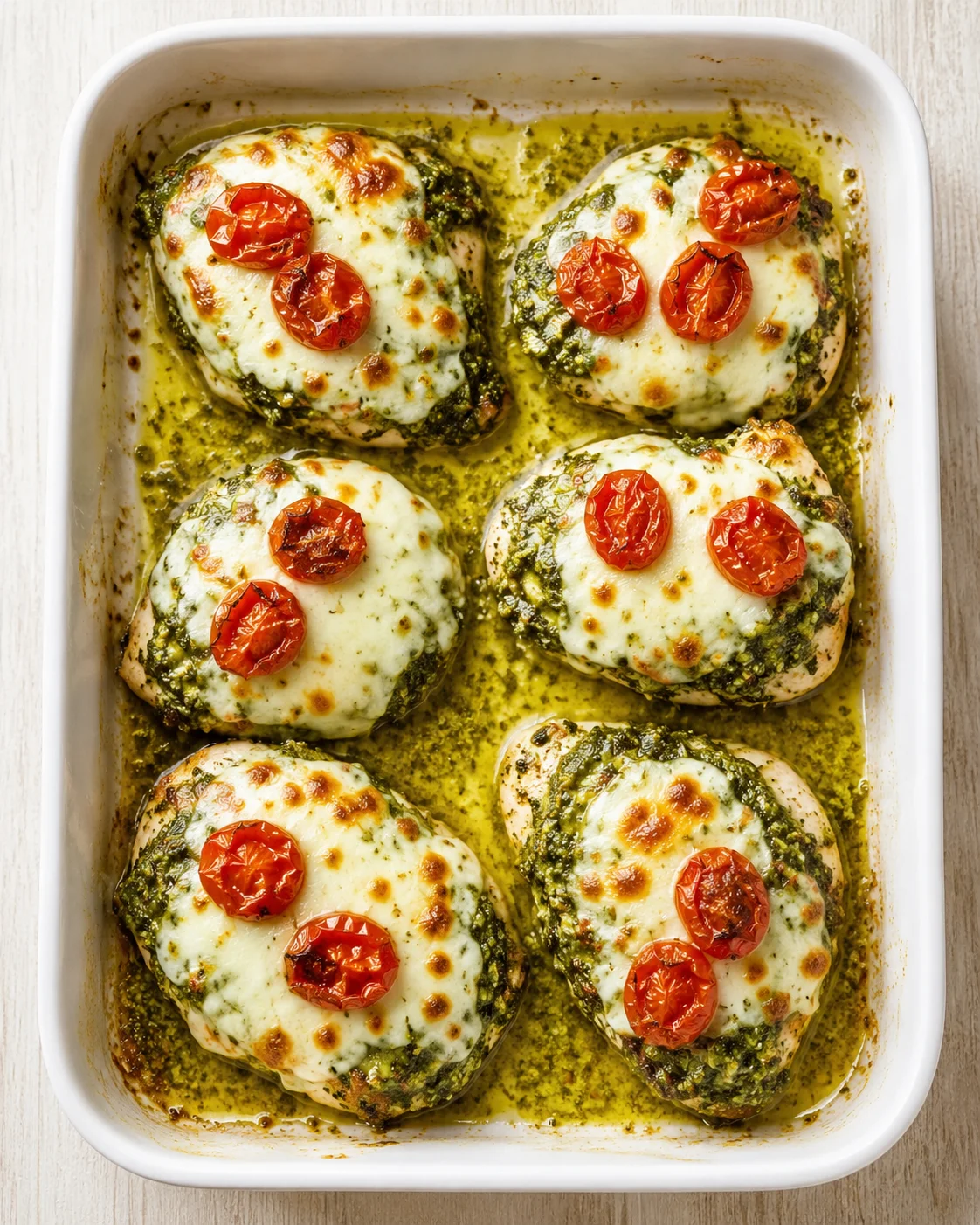 Six chicken breasts topped with melted cheese and cherry tomatoes in a baking dish.