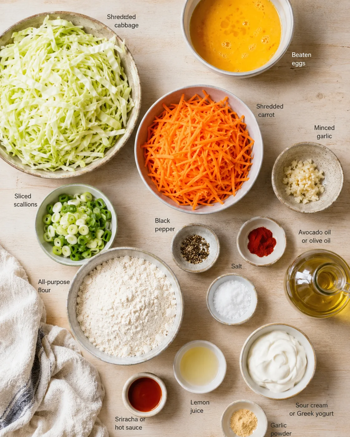 Overhead view of bowls with shredded cabbage, carrots, scallions, eggs, garlic, flour, and oil.