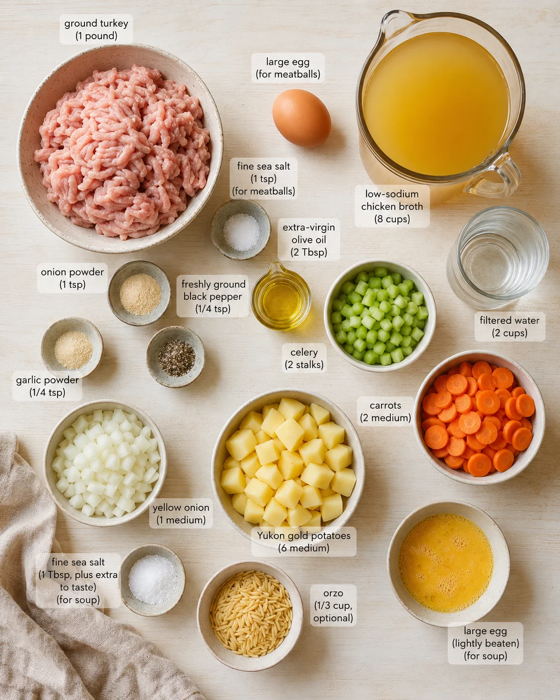 Overhead view of assorted ingredients laid out on a light wooden surface for soup, with labeled bowls.