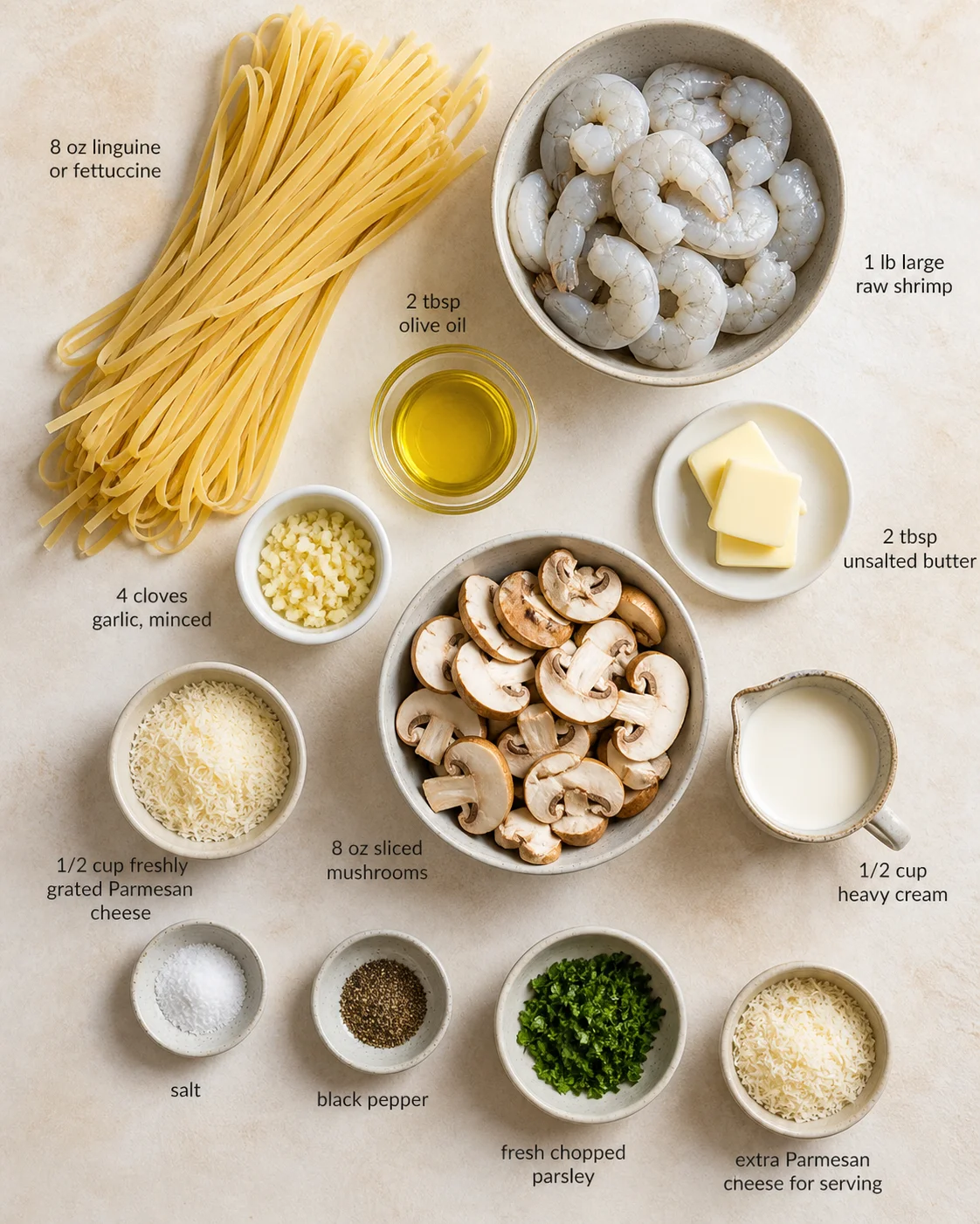 Overhead shot of pasta ingredients arranged for seafood pasta on a beige surface