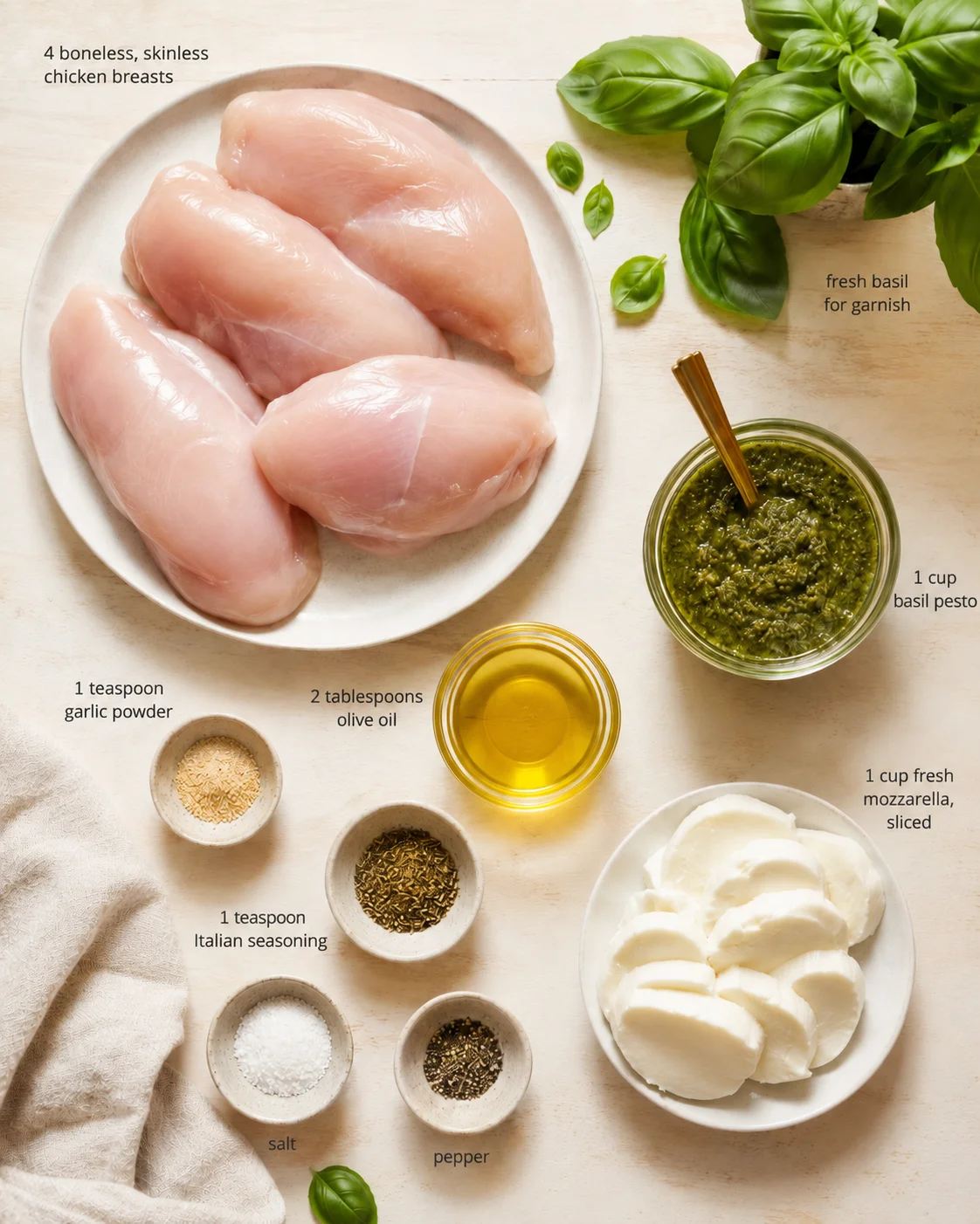 Overhead view of raw chicken breasts with basil, pesto, mozzarella, and olive oil on a light wooden surface.