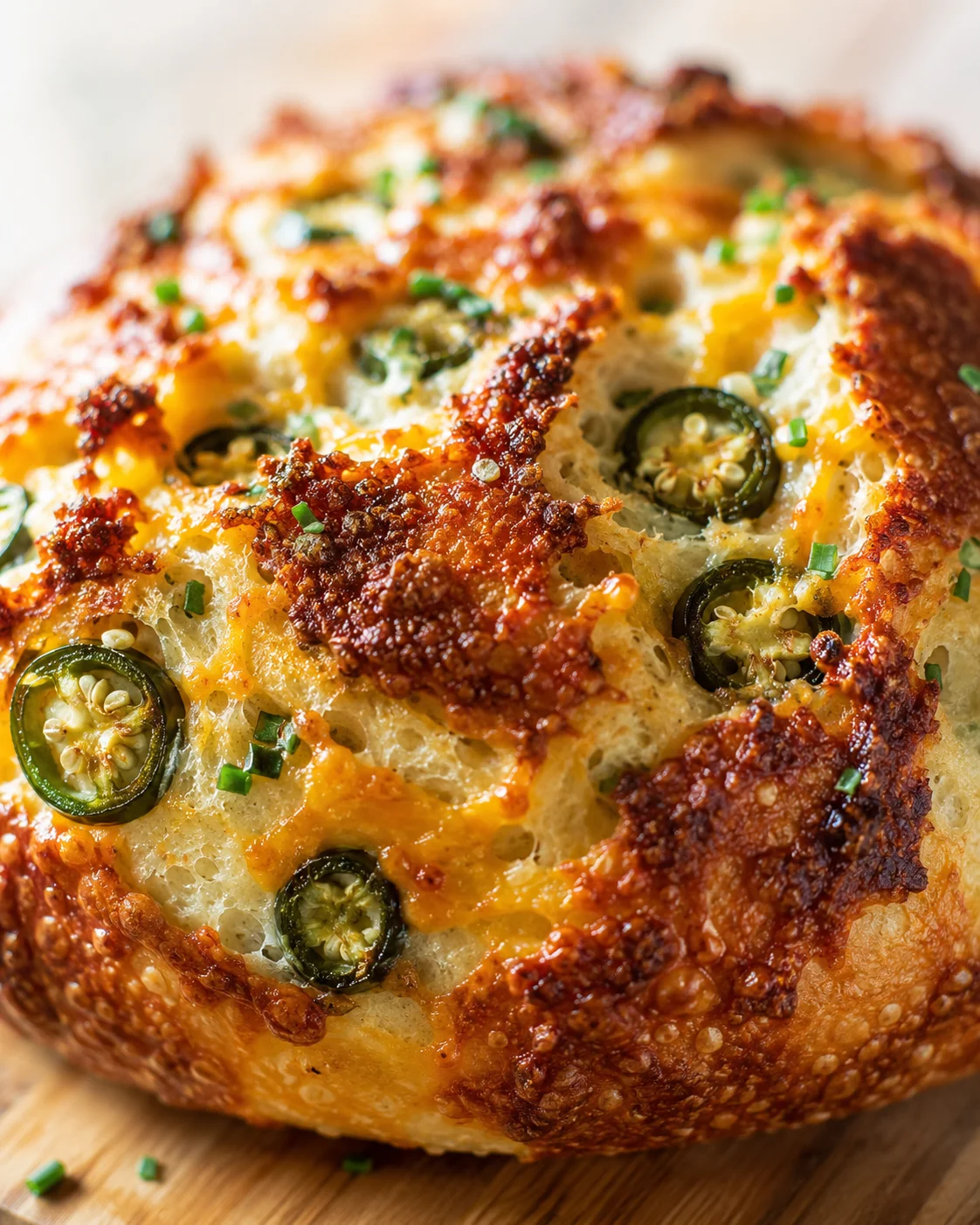 Close-up of a round jalapeño-cheddar bread with melted cheese and crispy crust.