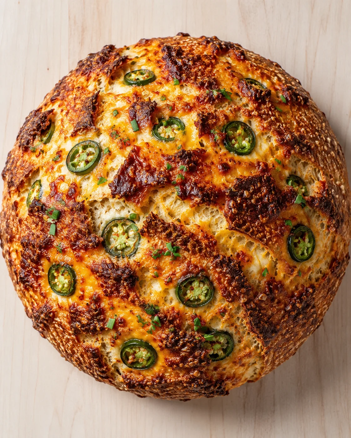 Round loaf with melted cheese and jalapeño slices on a light wooden board.