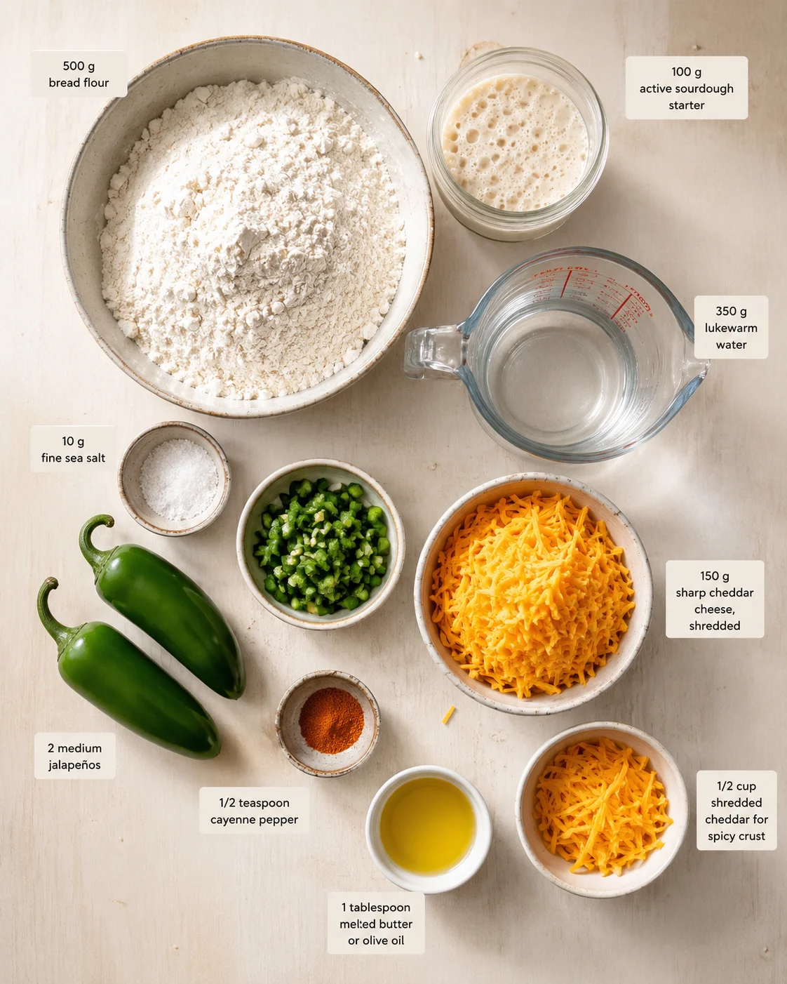 Overhead view of flour, starter, water, peppers, and shredded cheddar arranged on a light wooden surface.