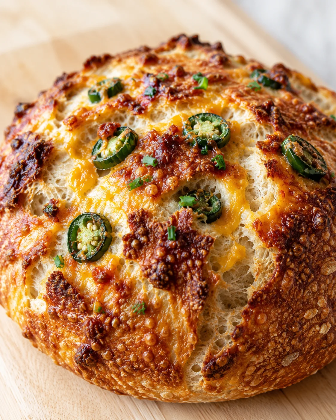 golden-brown cheesy bread topped with jalapeño slices on a wooden board
