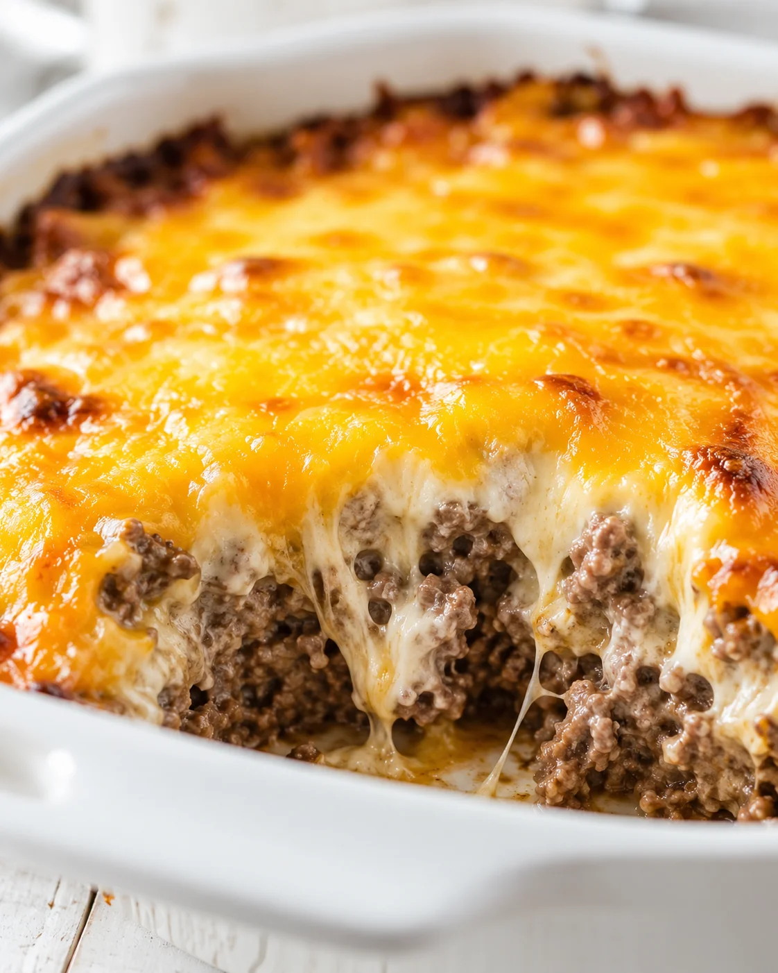 close-up of lasagna in white baking dish with bubbling cheese and beef filling