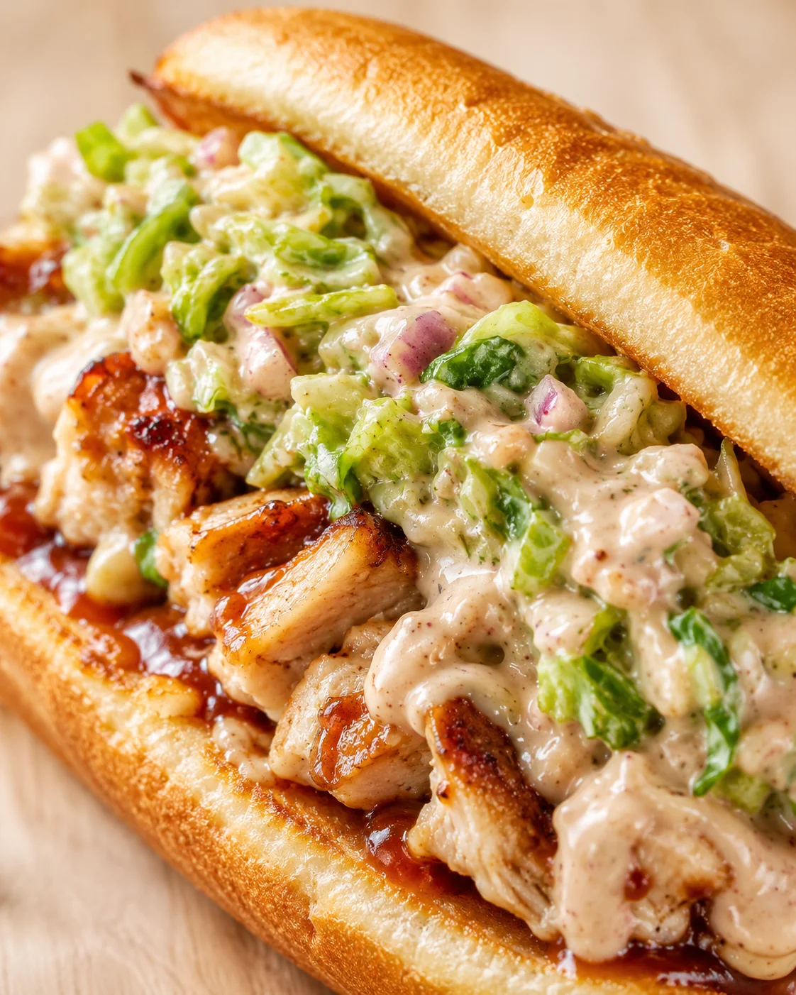 close-up of a toasted sub sandwich with crispy chicken, creamy sauce, and chunky avocado salsa