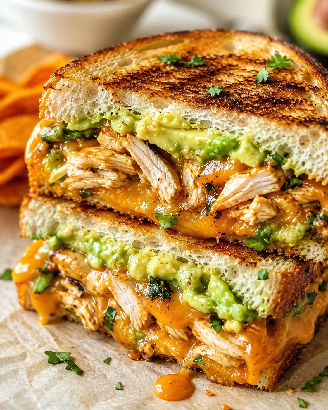 close-up of a thick grilled chicken sandwich with melted cheese and avocado crema on toasted bread