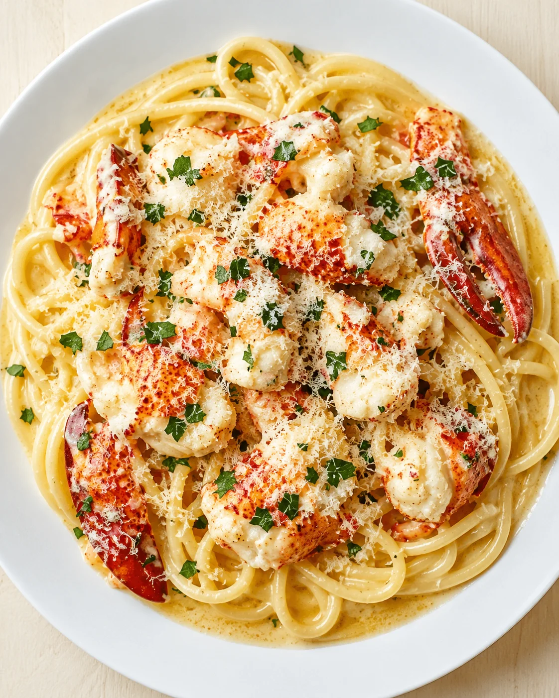 Creamy lobster linguine on a white plate, garnished with parsley and parmesan.