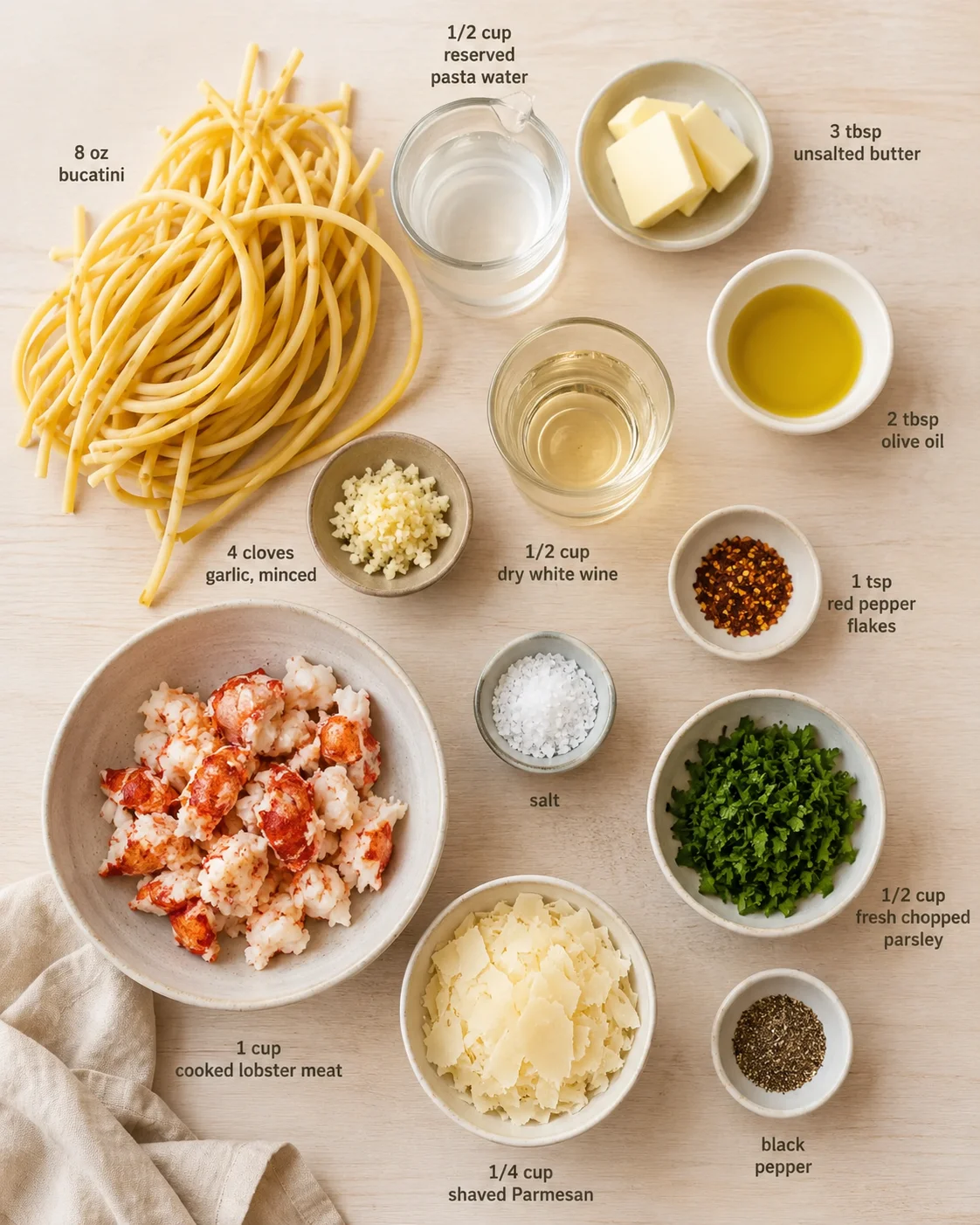 Flat lay of lobster meat, bucatini pasta, garlic, butter, wine, salt, parsley, and cheese on a light wooden surface.