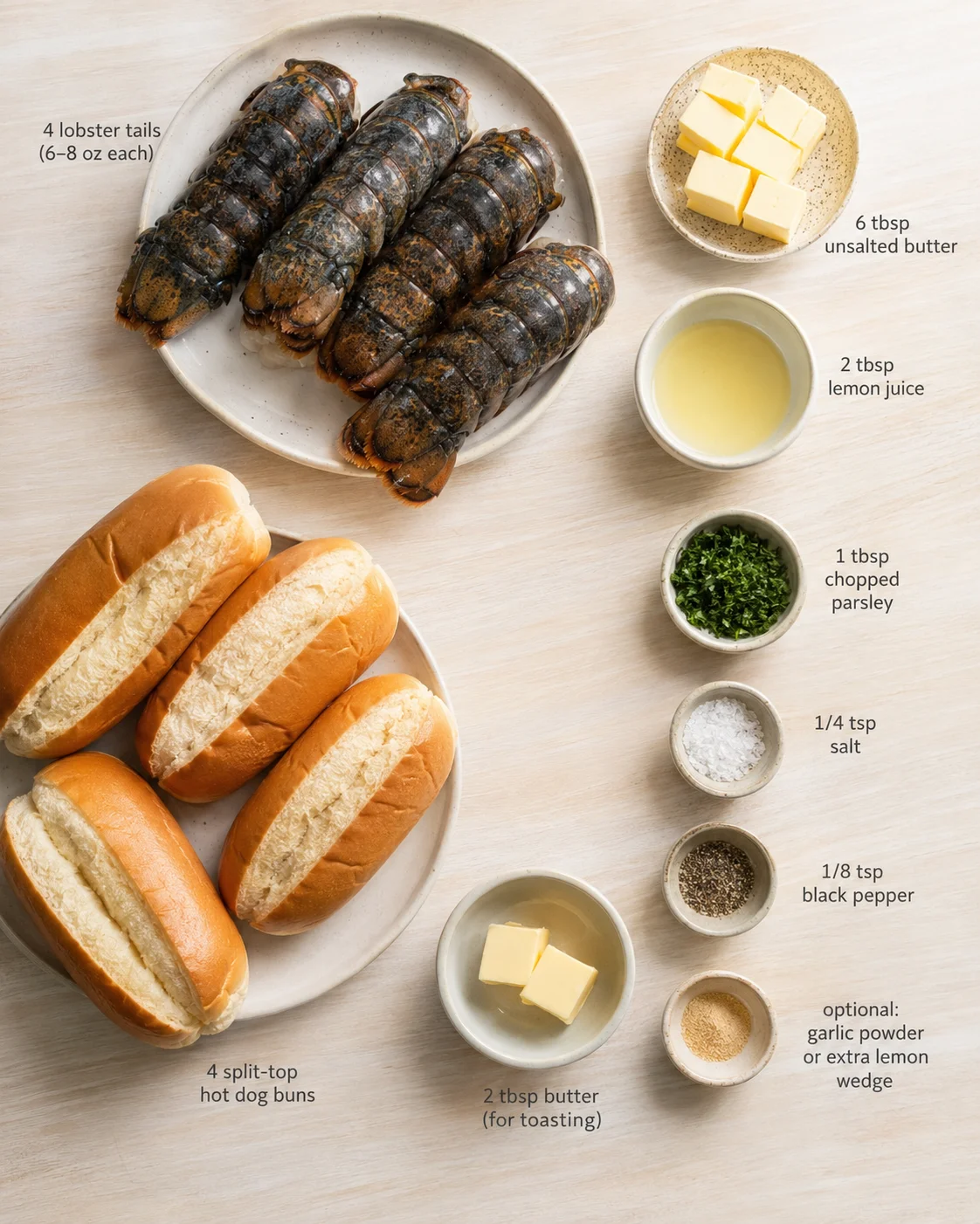 Overhead view of lobster tails, buns, and labeled ingredients for lobster rolls on a light wooden surface.