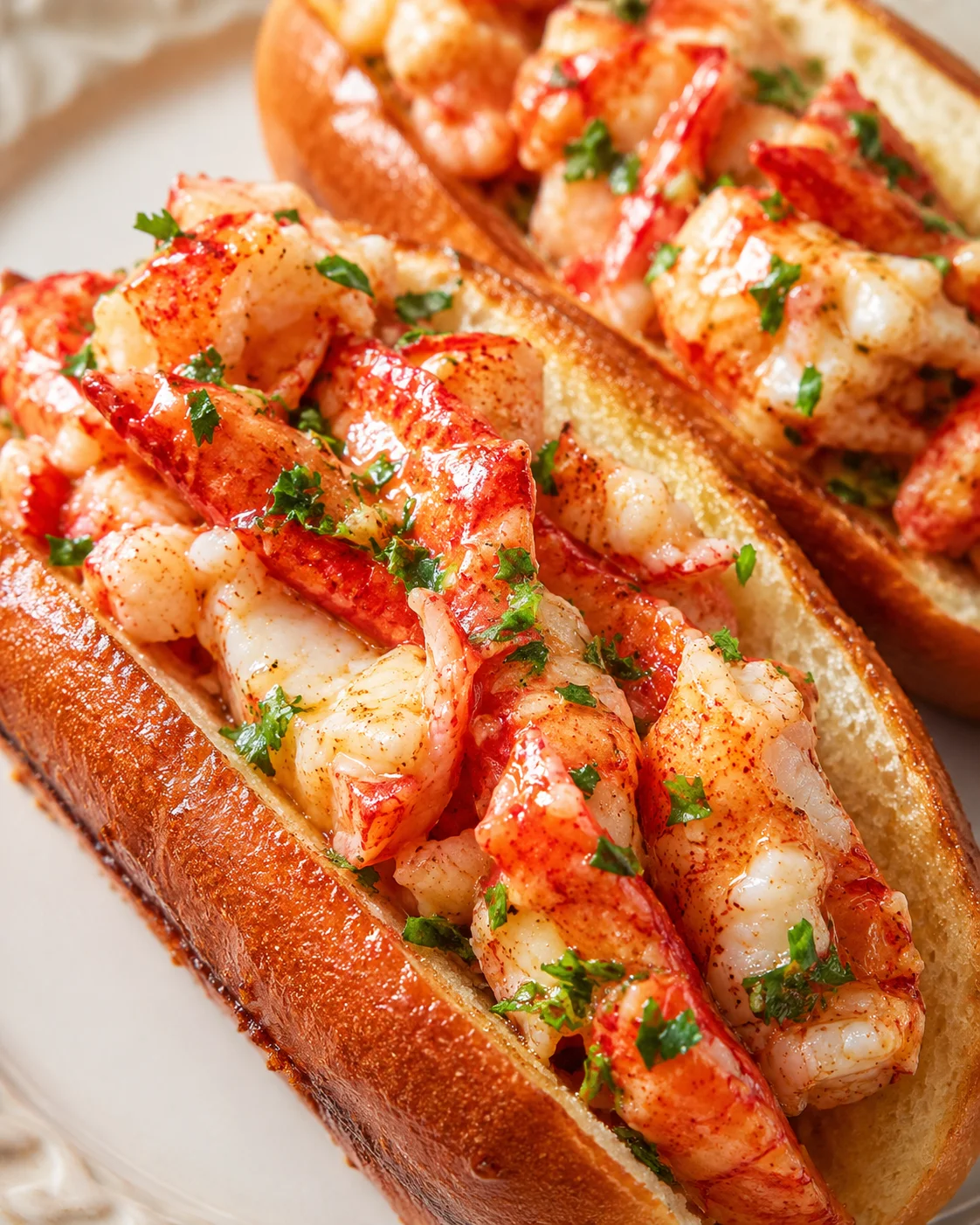 Close-up of juicy lobster pieces in toasted buns, garnished with chopped parsley.