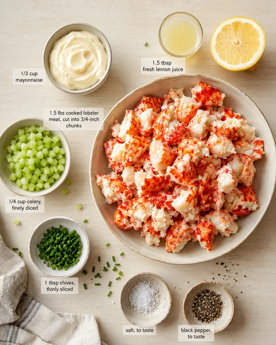 Top-down view of lobster meat with mayonnaise, celery, chives, lemon, and seasonings on a pale wooden surface.