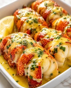 Lobster tails in a white baking dish topped with melted butter and parsley, with lemon on the side.