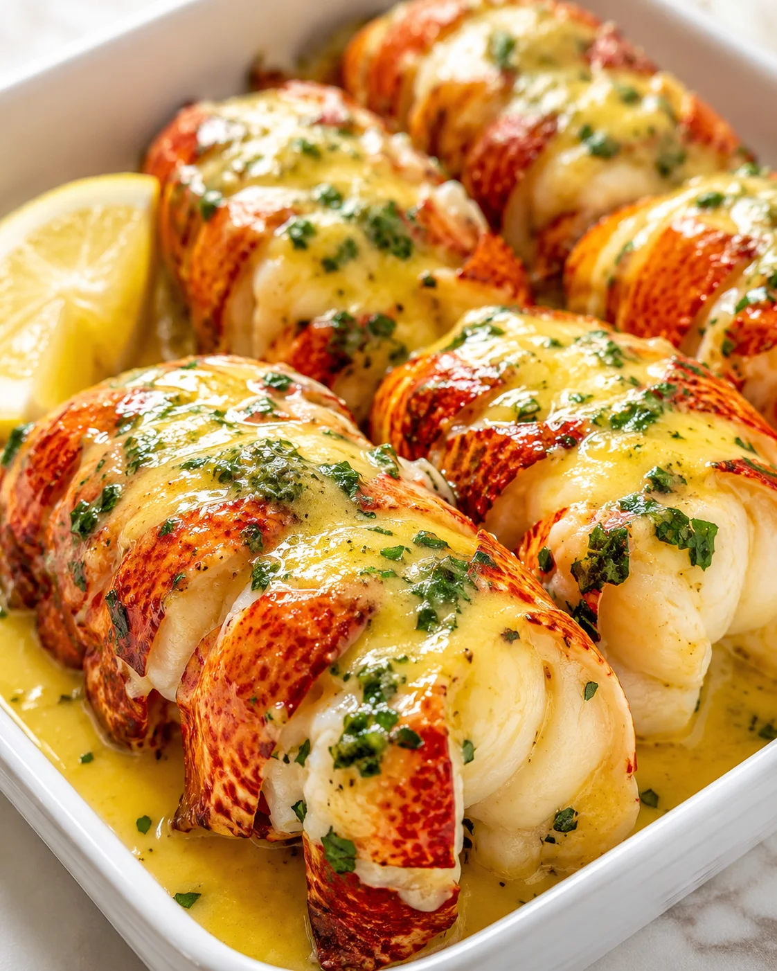 Lobster tails in a white baking dish topped with melted butter and parsley, with lemon on the side.