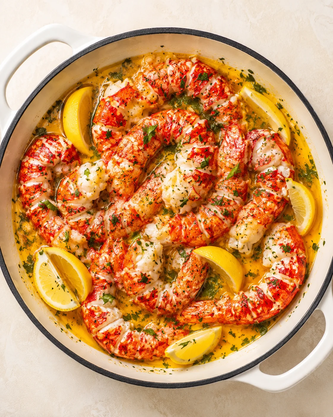 lobster tails in a lemon-butter sauce arranged in a cream-colored pan with parsley and lemon wedges