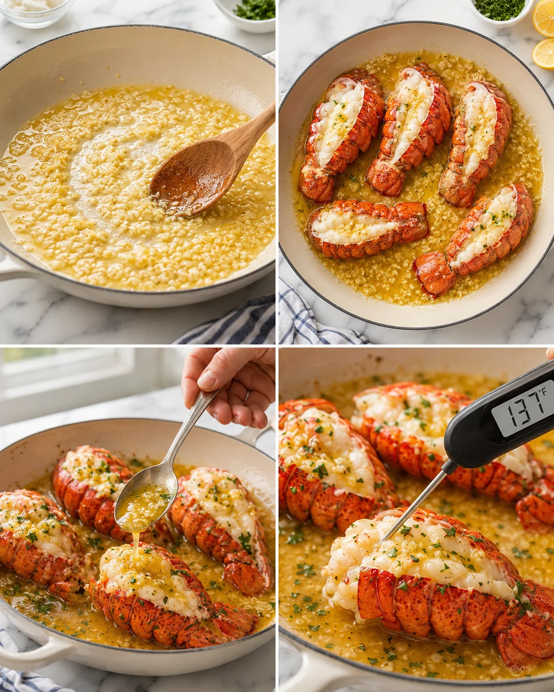 collage of lobster tails cooking in a creamy lemon-butter sauce in a skillet