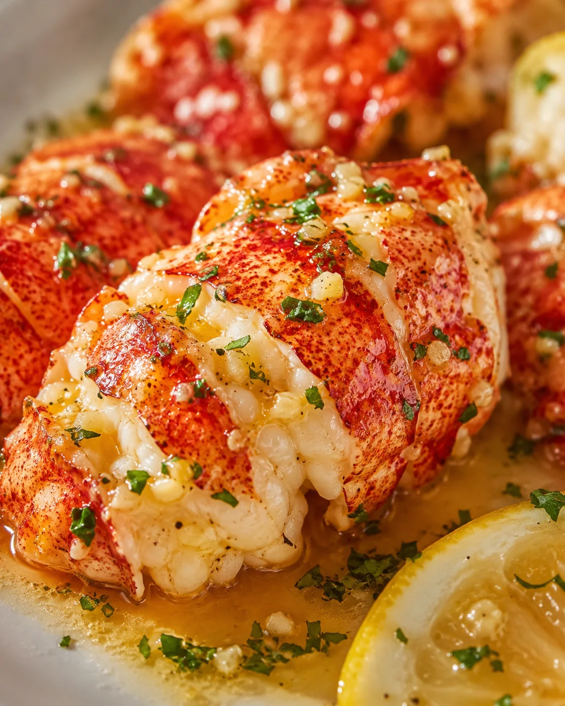 Close-up of lobster tails in garlic butter with parsley and lemon wedge