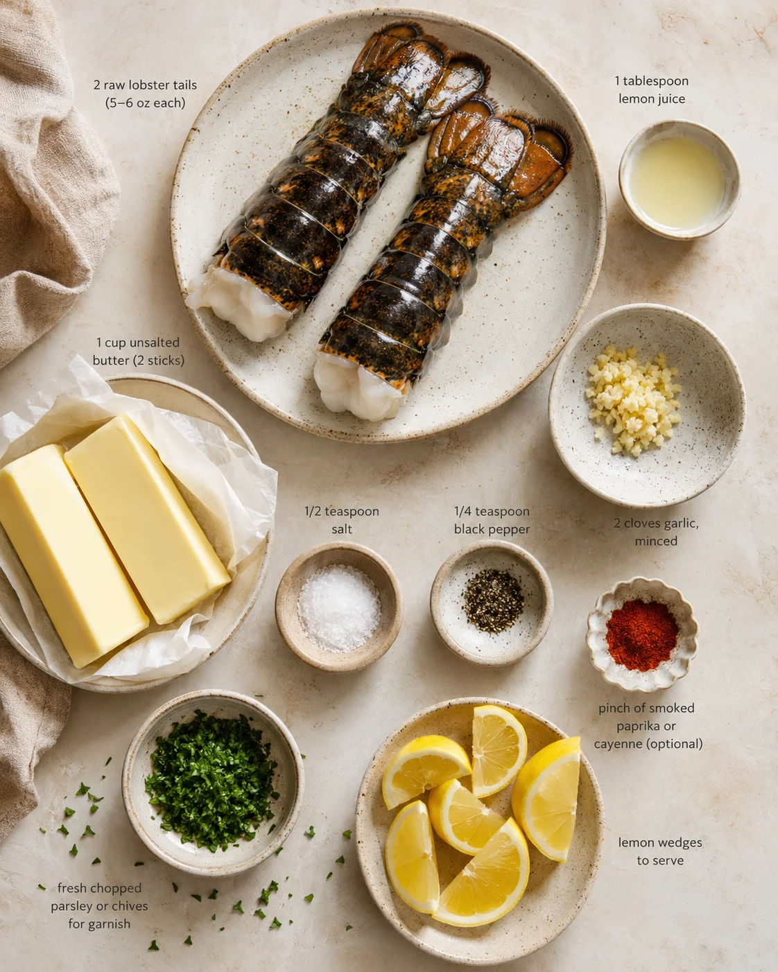 Two lobster tails on a plate with butter, lemon wedges, garlic, and herbs arranged for recipe.