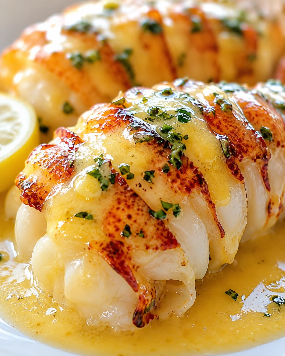 Close-up of baked lobster tails topped with melted cheese and parsley, in lemon butter sauce.
