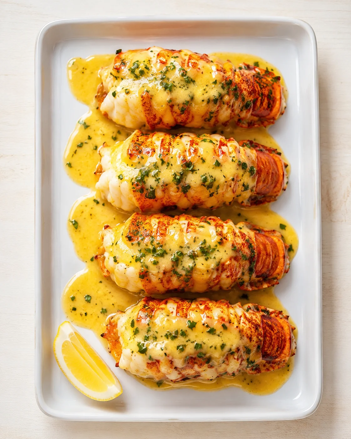four lobster tails on a white baking dish topped with herb butter and a lemon wedge