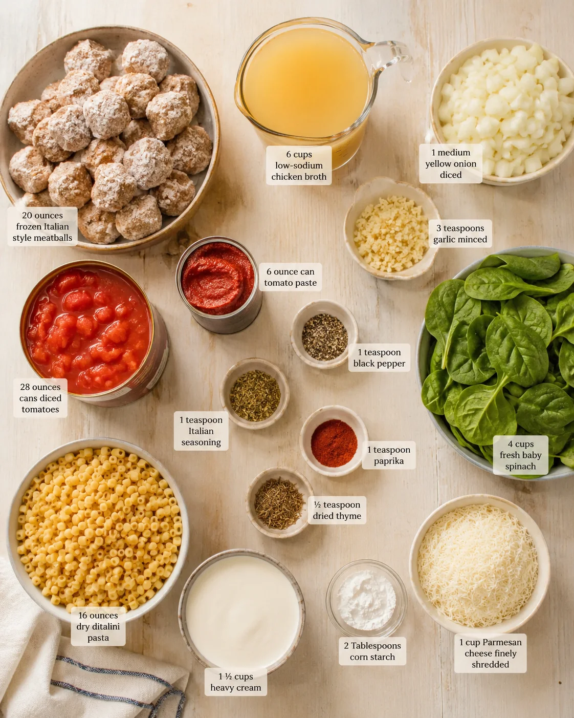 Overhead view of ingredients for meatball pasta soup arranged on a wooden table with labeled bowls.