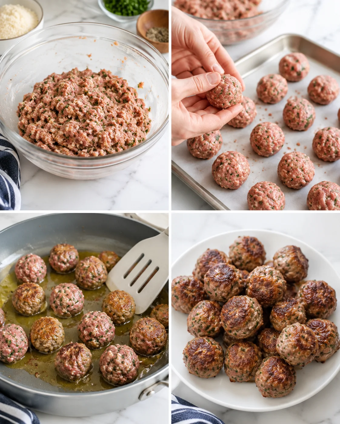 collage showing meatball making: mixing, shaping, browning, plated meatballs