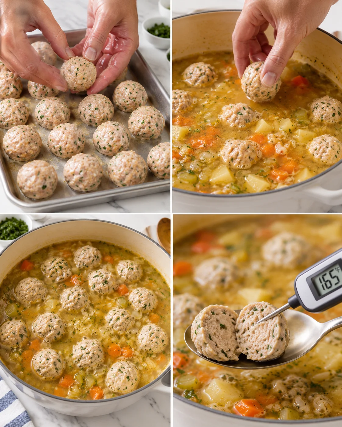 Hands shaping herb-speckled meatballs on a baking sheet, while meatball soup simmers in a pot.