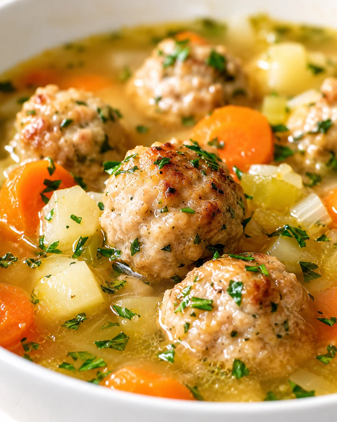 Close-up of meatball soup with carrots, potatoes, and parsley in a white bowl