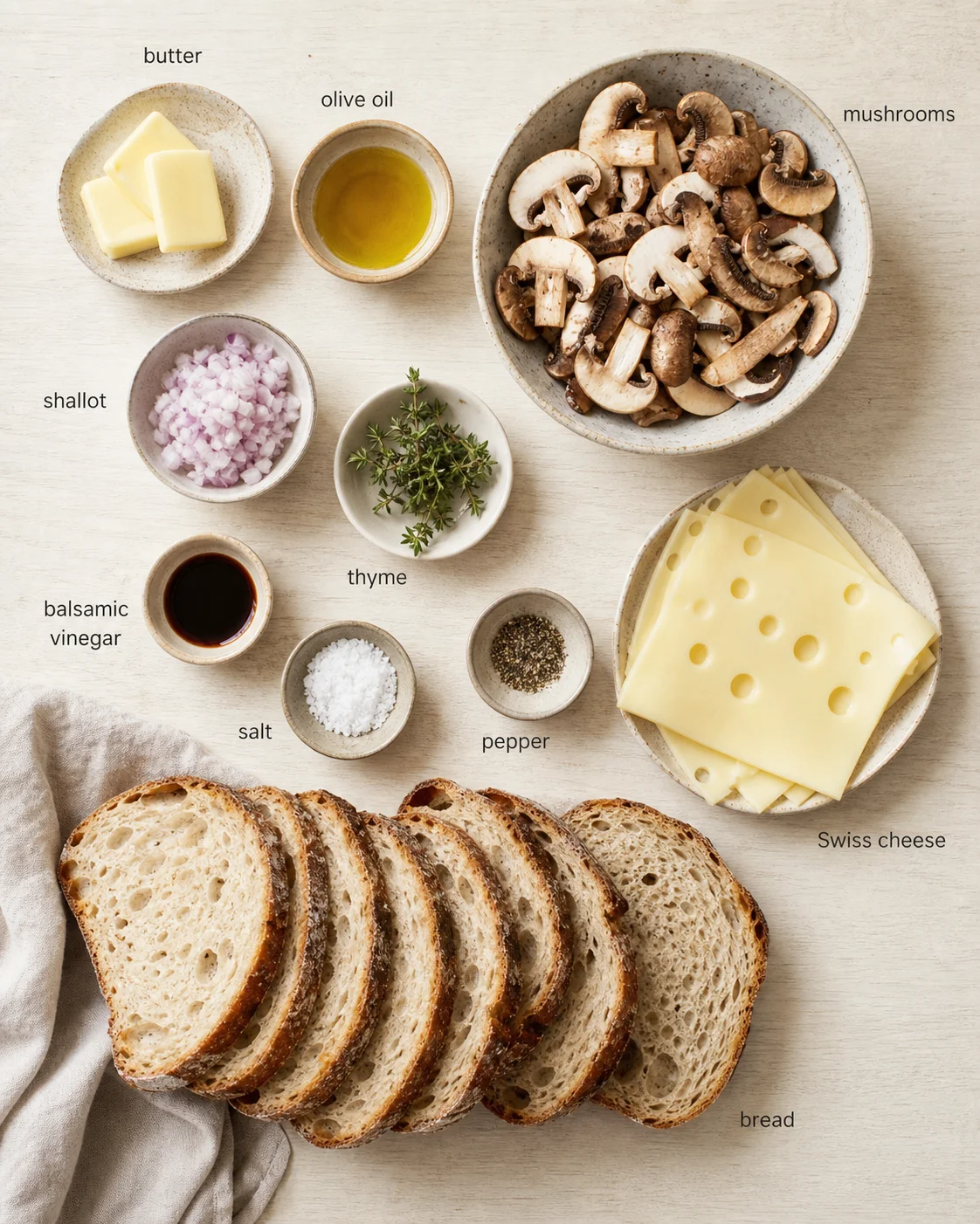 overhead view of mushroom-bread ingredients with labeled bowls and sliced bread
