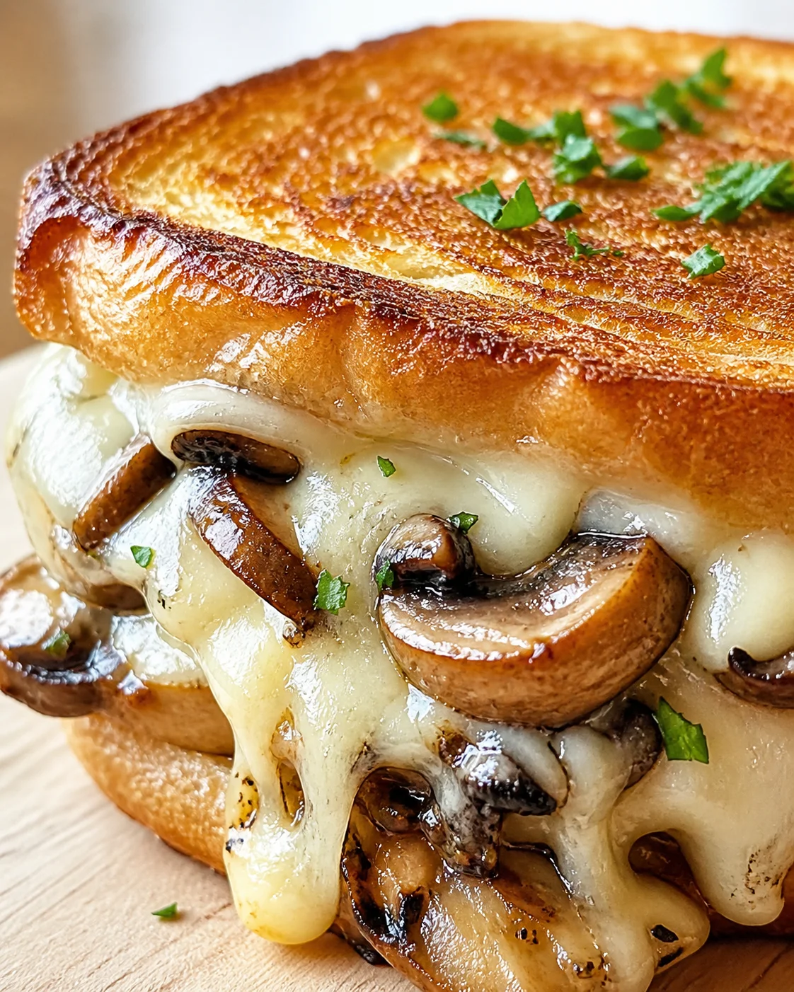 close-up of a toasted brioche sandwich with melted cheese and sautéed mushrooms, garnished with parsley.
