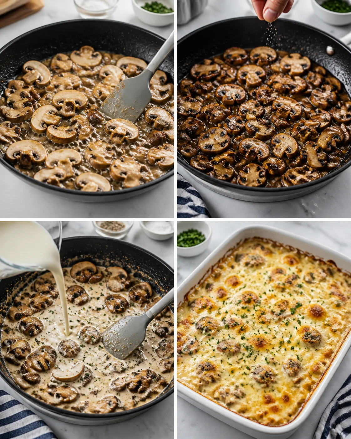 Collage showing sautéed mushroom slices in a skillet, salt being sprinkled, cream being poured, and a baked cheesy mushroom casserole.