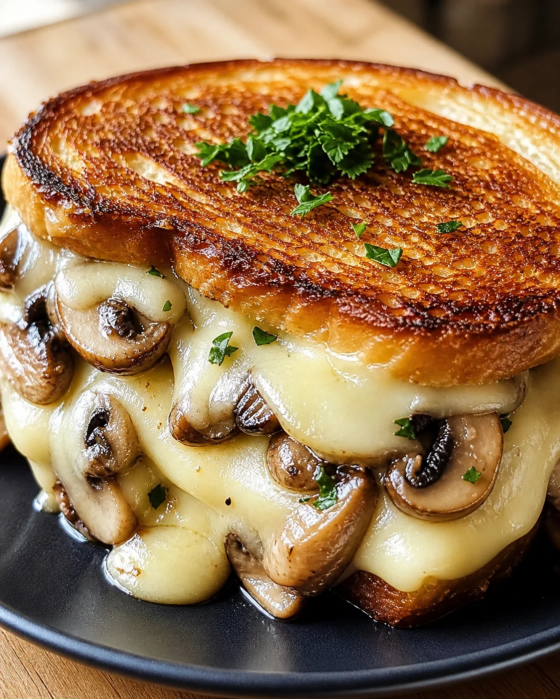 Close-up of a toasted brioche sandwich filled with melted cheese and sautéed mushrooms, garnished with parsley.