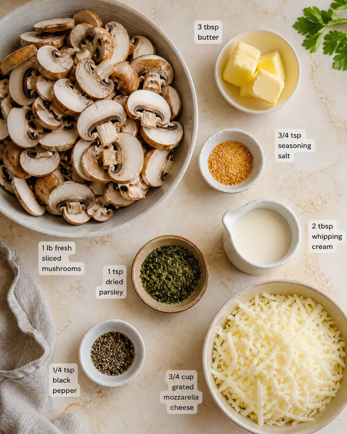 Top-down view of a mushroom prep station with mushrooms, butter, cream, and shredded mozzarella.