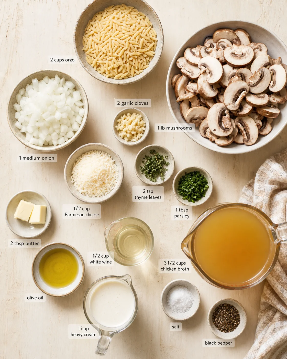 Overhead shot of bowls with ingredients for mushroom orzo dish laid out on a light wooden surface.