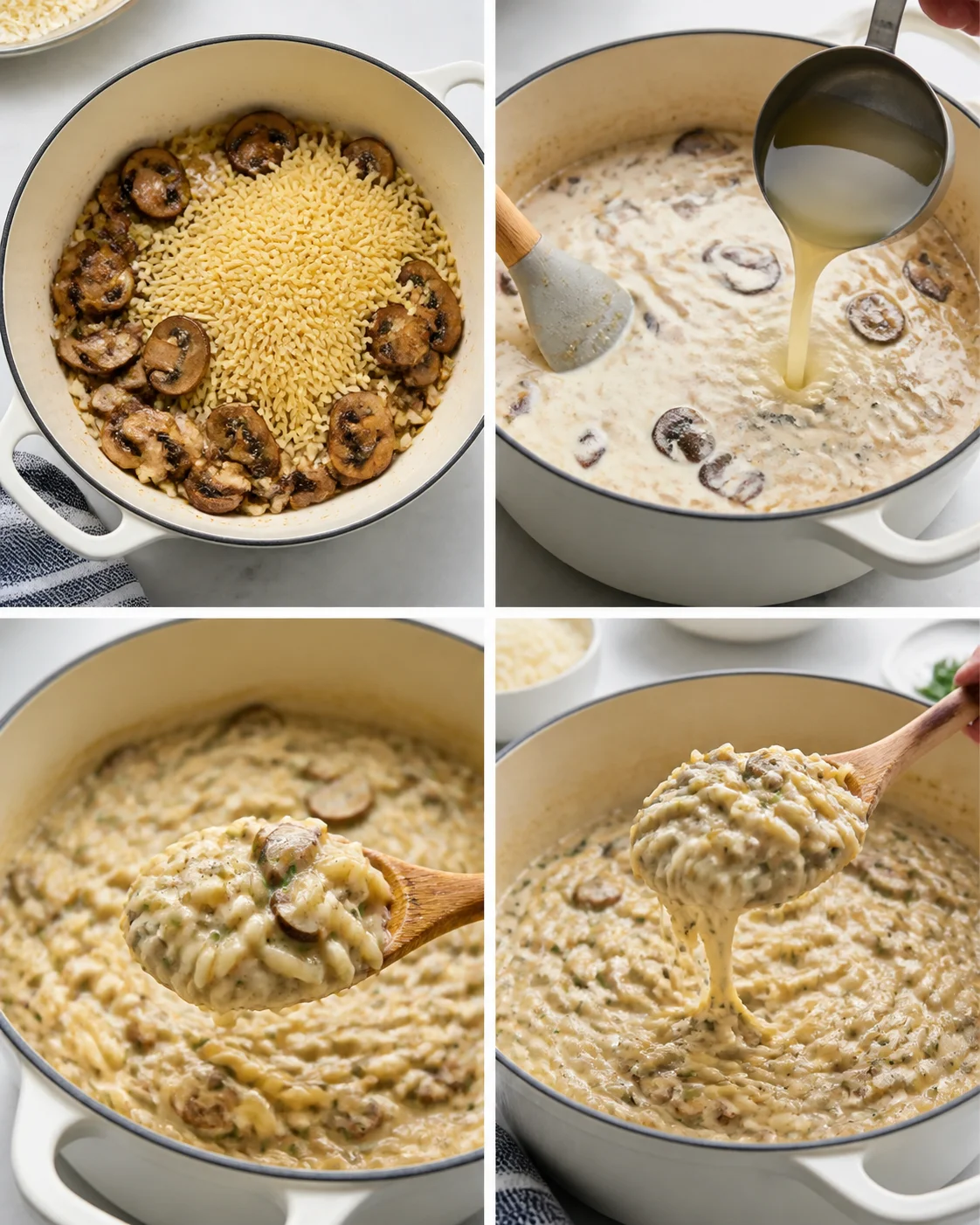 collage of mushroom risotto in a white pot, showing rice, mushrooms, and creamy sauce