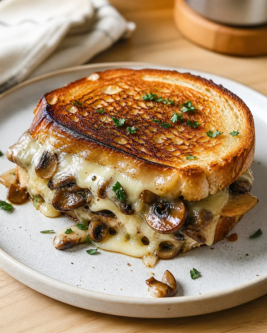 Golden-brown grilled cheese sandwich with melted cheese and mushrooms on a light plate